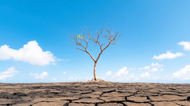 A solitary tree stands resiliently on a cracked, barren desert landscape under a bright blue sky, symbolizing survival and adversity. - Powered by Adobe