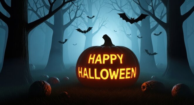 Spooky Forest Scene with Glowing Happy Halloween Pumpkin and Flying Bats