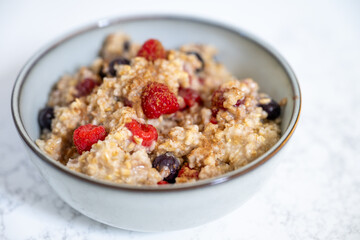 Steel Cut Oats Served with Fresh Raspberries and Blueberries