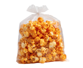 A clear plastic bag filled with tasty orange cheddar popcorn.