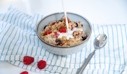 Steel Cut Oats Served with Fresh Raspberries and Blueberries
