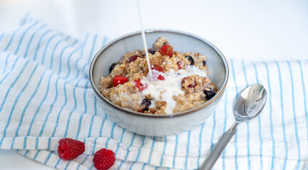 Steel Cut Oats Served with Fresh Raspberries and Blueberries