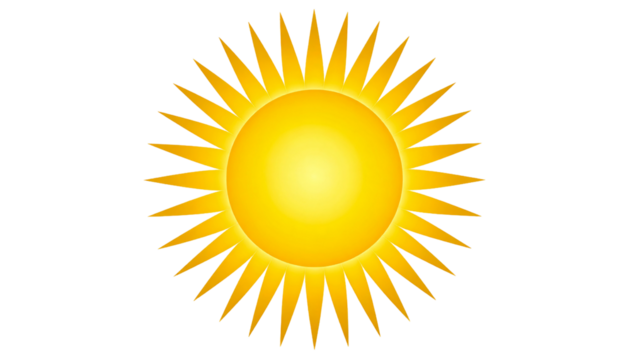 A vibrant yellow sun symbol shines brightly, radiating warm, hot sunlight on a clear, summer day 