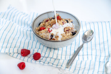 Steel Cut Oats Served with Fresh Raspberries and Blueberries