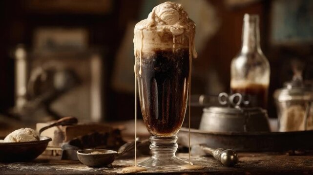 Root beer float with ice cream melting