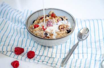 Steel Cut Oats Served with Fresh Raspberries and Blueberries