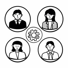 Teamwork and collaboration concept with business people avatars and gear isolated on white background