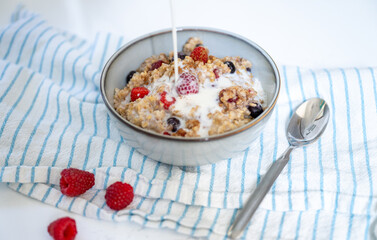 Steel Cut Oats Served with Fresh Raspberries and Blueberries