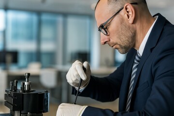 Professional Male Scientist in Suit Analyzing Data with Precision Instruments in Modern Laboratory Environment