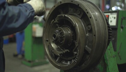 Disassembled engine part, mechanic working