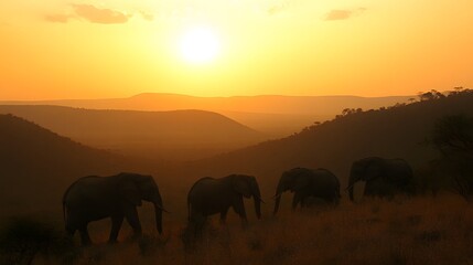 Fototapeta premium African Elephants Silhouette at Sunset Golden Hour Savanna Landscape