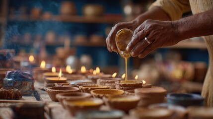 Focused medium shot of artisan carefully pouring natural oil into handmade biodegradable Diwali diyas with the workshops blurred shelves and tools creating a warm ecoconscious