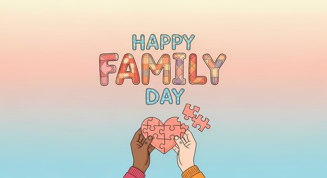 Heartwarming celebration of happy family day with diverse hands completing a heart puzzle design for cards and posters