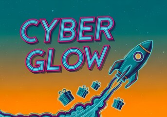Cyber glow rocket launch with gifts on gradient background for holiday celebration and design