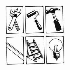 Fototapeta premium Hand drawn illustration of construction tools including wrench, roller, hammer, ladder isolated on white background