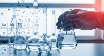 Photo of scientist holding flask with chemical formula background
