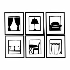 Collection of furniture icons in black and white isolated on white background, featuring various home furnishings