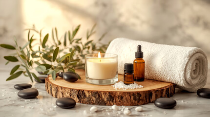 beauty treatment items for spa procedures on white wooden table. massage stones, essential oils and sea salt. copy space. spa and wellness elements. The composition features a lit candle