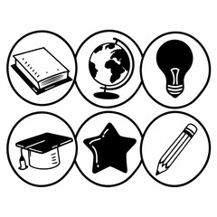 Black and white vector illustration of education and learning symbols in circles isolated on white background