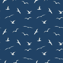 Seamless pattern with flying seagulls. Hand drawn watercolor illustration of sea birds on dark blue background. Nautical ornament for Baby design, wallpaper, wrapping paper in monochrome colors
