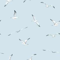 Seamless pattern with flying seagulls. Hand drawn watercolor illustration of sea birds on blue background. Nautical ornament for Baby design, wallpaper, textiles, wrapping paper in monochrome colors