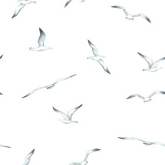 Seamless pattern with flying seagulls. Hand drawn watercolor illustration of sea birds on white background. Nautical ornament for Baby design, wallpaper, textiles, wrapping paper in monochrome colors