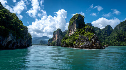 Jagged emerald islands rise from turquoise waters under a dramatic sky tropical islands limestone cliffs