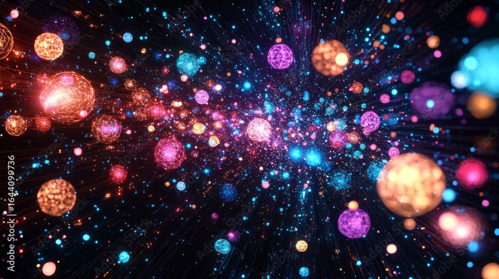Poster a vibrant display of colorful spheres dances through the cosmos. this mesmerizing scene captures the