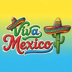 Viva Mexico celebration with festive sombrero and cartoon cactus design for holiday decoration