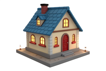 Cute cartoon house with a blue roof and lit windows, isolated on transparent background