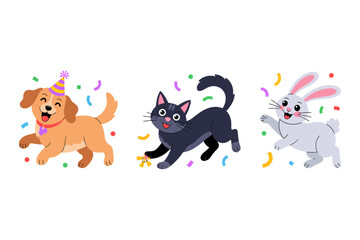 Dancing pet character icons, playful dog cat and goldfish, confetti celebration vector, cute mascot clipart, kids friendly set