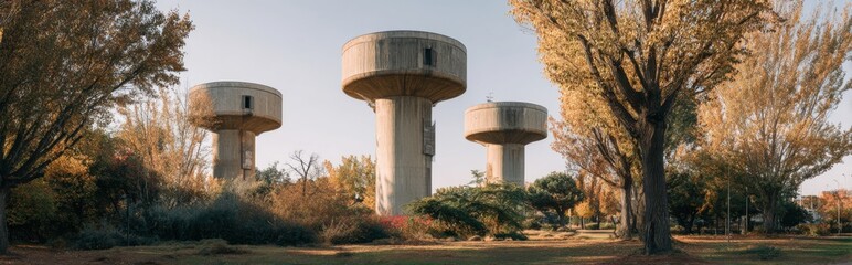 Water towers rise among golden trees in a serene autumn park, showcasing nature's beauty and industrial history