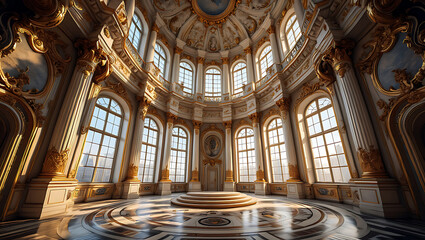 Obraz premium Opulent Palace Interior with Golden Ornate Details and Natural Light Streaming Through Large Windows creating a Luxurious Atmosphere