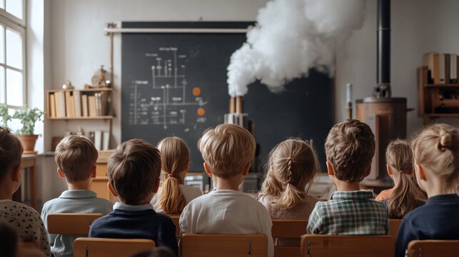A group of schoolchildren attentively learning about renewable energy in a classroom setting, showcasing educational diagrams on a blackboard.