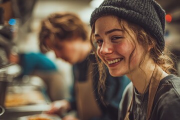 Heartwarming scene of young volunteers serving food at community kitchen, soft warm indoor lighting, shot with 50mm lens, natural color grading with warm skin tones, candid documentary style, high res