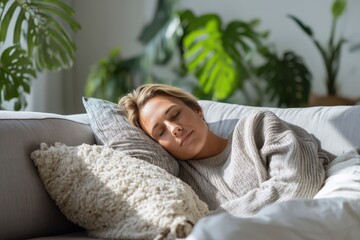 Individual taking healthy power nap on comfortable sofa with soft throw pillow, peaceful living room with plants and natural lighting, shot with 85mm lens, restful color grading emphasizing soft natur
