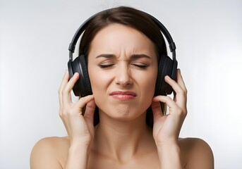 Fototapeta premium Autistic adult woman with noise cancelling headphones on light background showing discomfort from sensory overload autism ADHD hypersensitivity meltdown anxiety