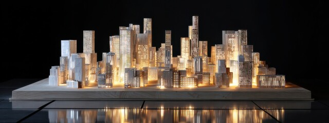 Modern city model illuminated with architectural details showcases urban design and creativity in a sleek presentation