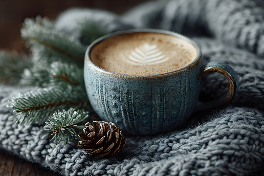 Winter cozy composition coffee cup warm knitted scarf and christmas tree twigs. Selective focus.