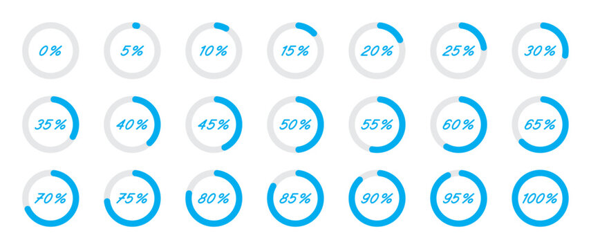 Loading circle progress 0-100% blue icon set. Download progress symbol. Indicator icons. 0, 5, 10, 15, 20, 25, 30, 35, 40, 45, 50, 55, 60, 65, 70, 75, 80, 85, 90, 95, 100 percent. Vector illustration.