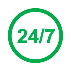 A green 24/7 icon symbolizing constant service and availability on a transparent background.