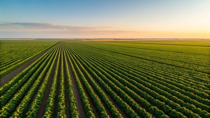 Aerial view of a vast green agricultural field at sunset