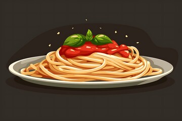 Delicious Spaghetti with Tomato Sauce and Basil, Cartoon Style Illustration