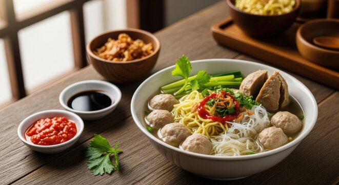 noodle with meatball and vegetables