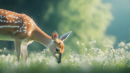 Deer grazing in a vibrant sunlit meadow