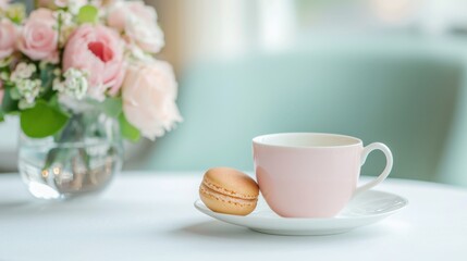 Pastel teacup with macaron and bouquet