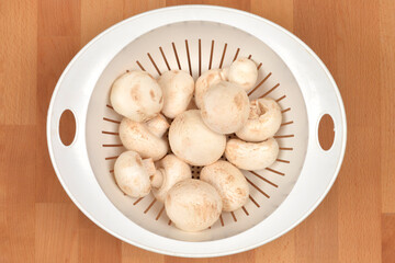 Fresh, whole white button mushrooms are arranged in a white plastic colander on a wooden kitchen counter