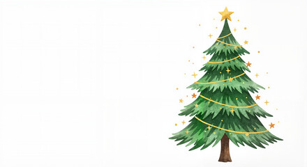 Obraz premium Single watercolor Christmas tree with peaceful mood minimal decorations and stars above on blank white space for greeting text with copy space