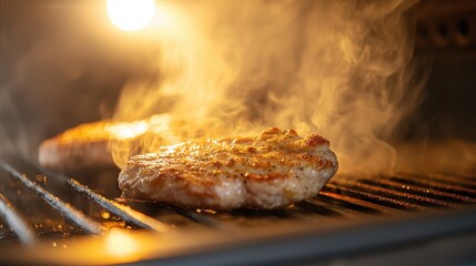 Juicy grilled burger patties sizzling