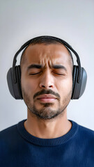 Autistic adult man with eyes closed wearing noise cancelling headphones on light background showing sensory overload autism ADHD hypersensitivity stress